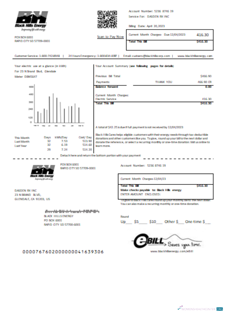Download Black Hills Energy utility business bill, SCR Photoshop template
